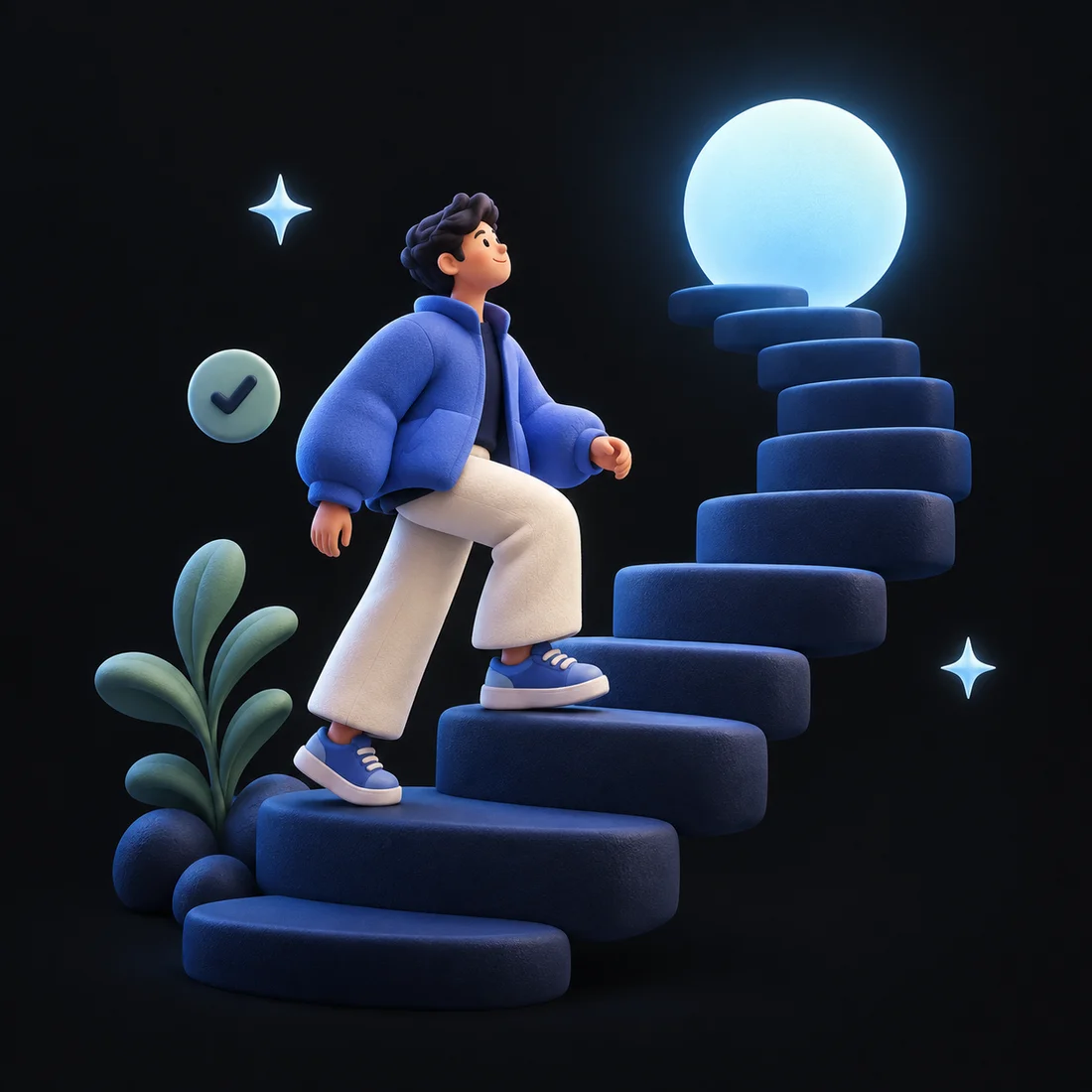 A person taking a small step up a blue staircase toward a bright new day.